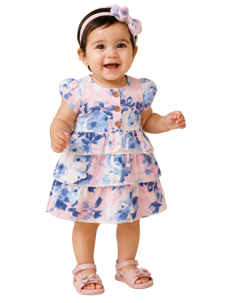 Baby Cotton Frock - Pink & Blue Floral 