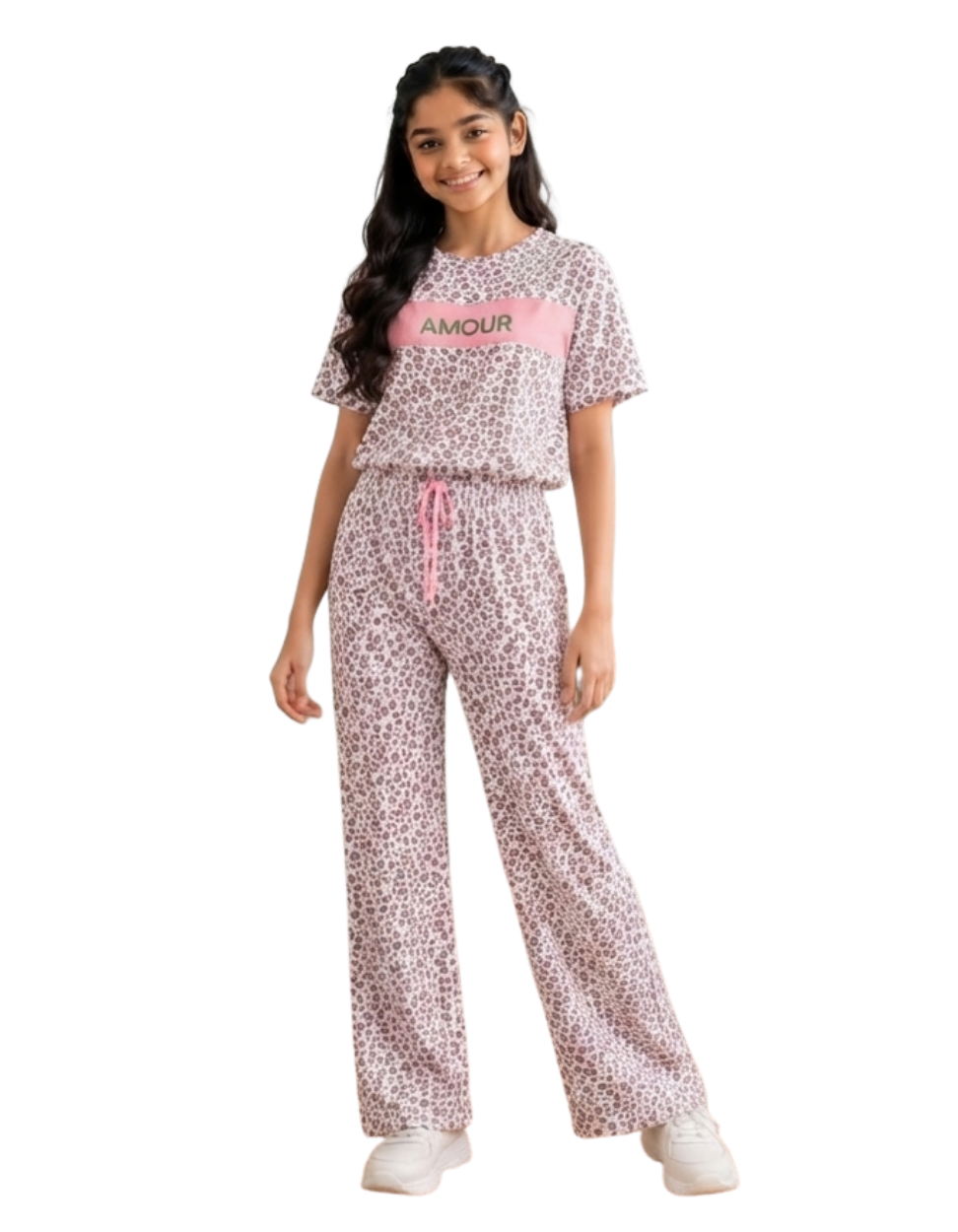 Pink Floral "AMOUR" Pajama Set for Girls