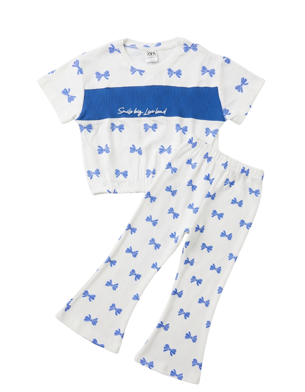 White & Blue Bow Print Pajama  Set for Girls