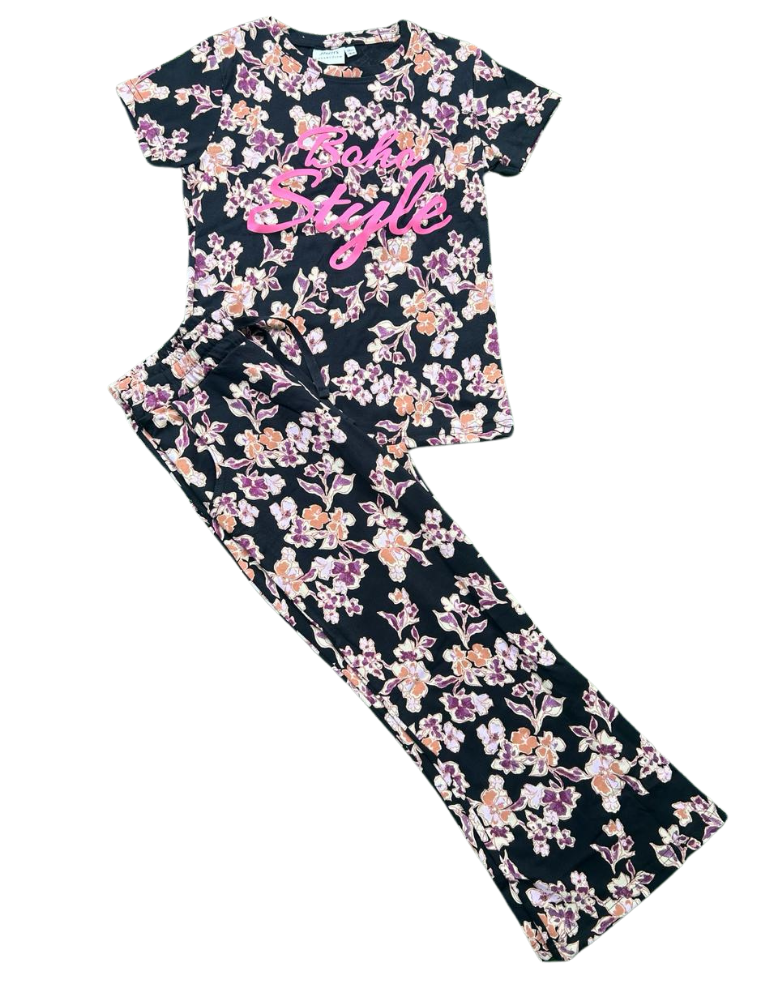 Girls Printed Pajama - Black Floral