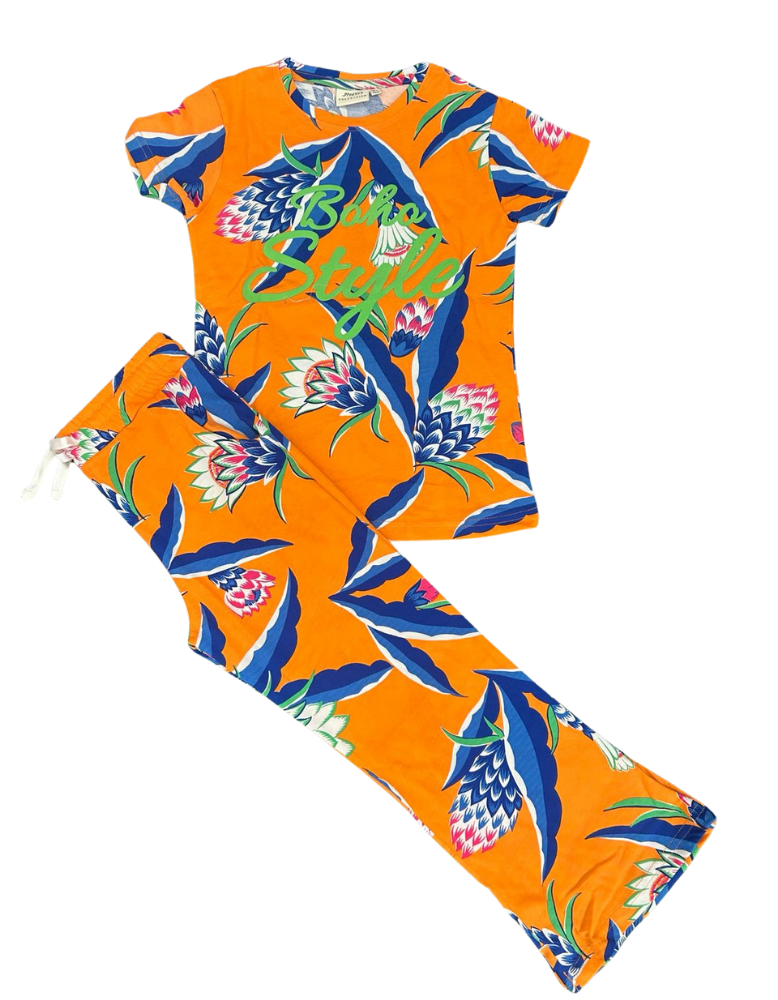 Girls Printed Pajama - Orange Floral