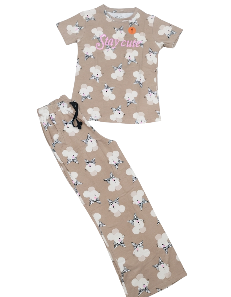 Girls Printed Pajama - Beige "STAY CUTE"