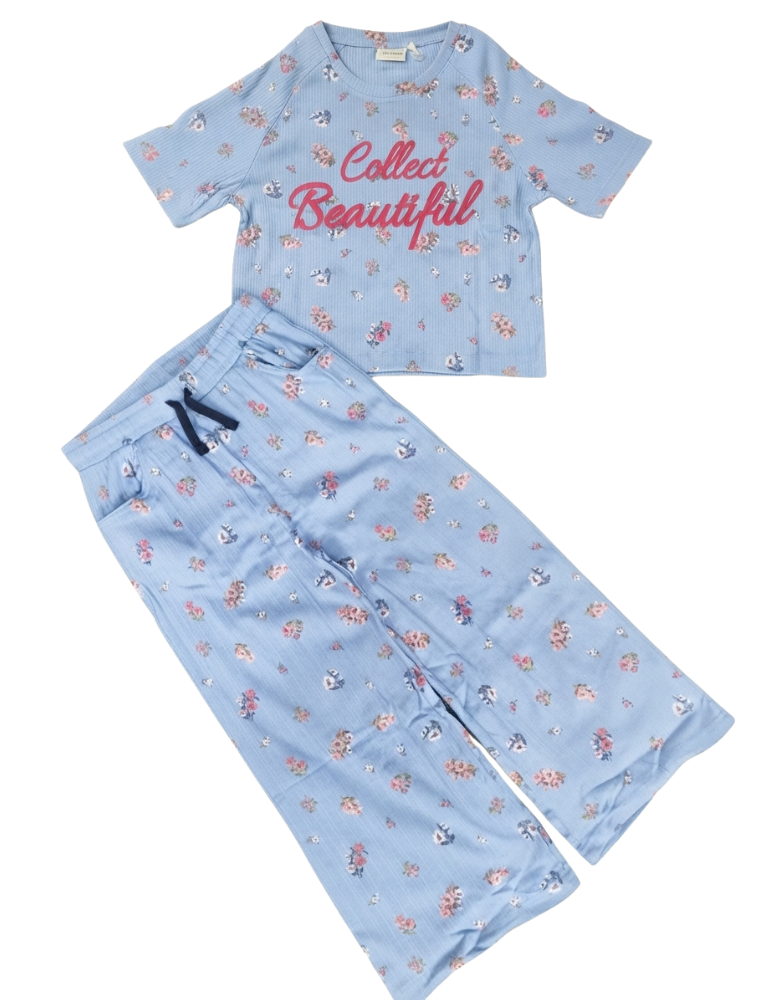 Girls Printed Ribbed Pajama - Blue "COLLECT BEAUTIFUL"