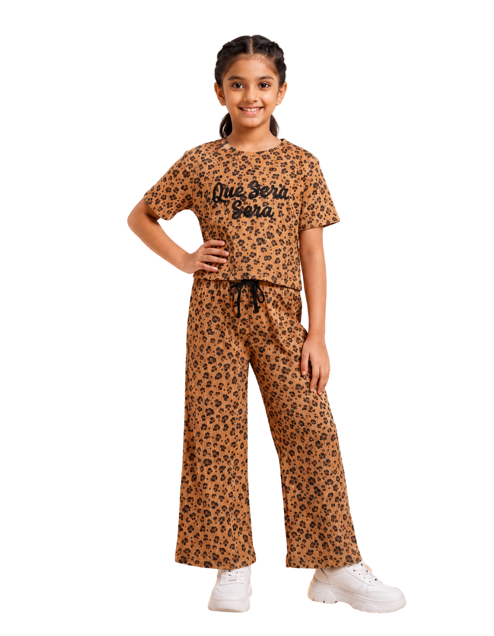 Girls Ribbed Printed Pajama - Leopard Print