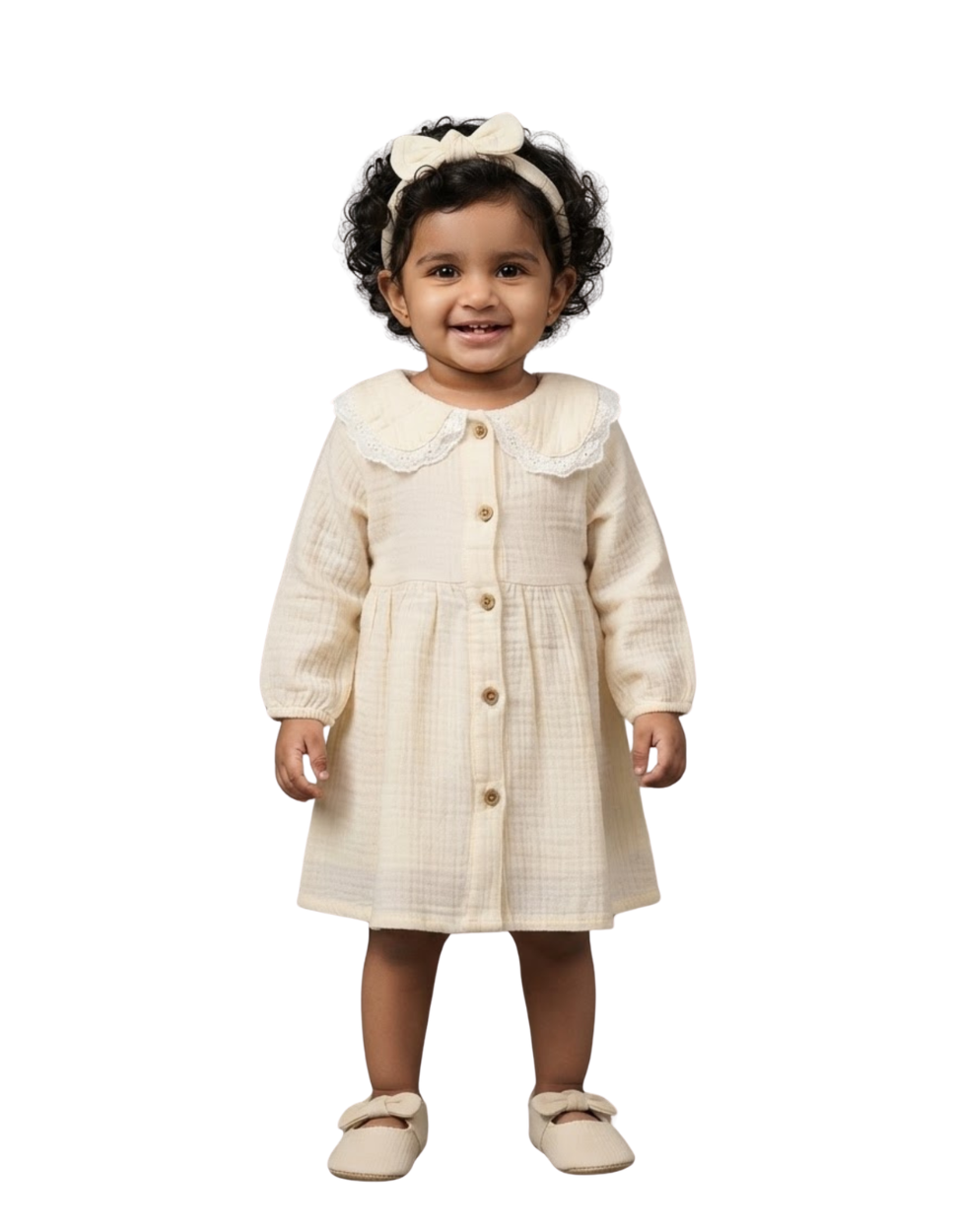 Muslin Girls Frock - Cream Lace Collar