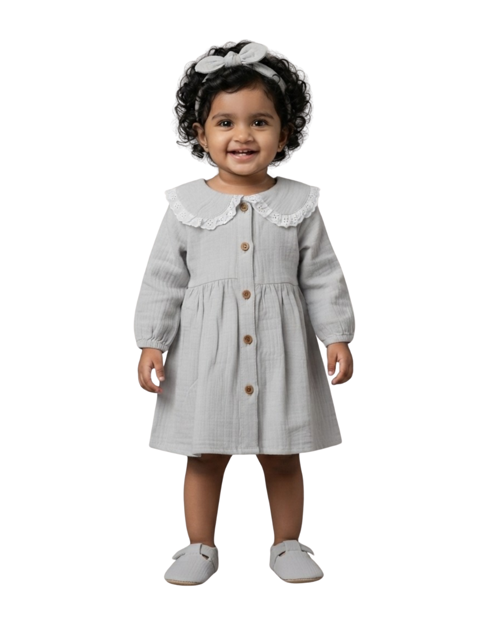 Muslin Girls Frock - Grey Lace Collar