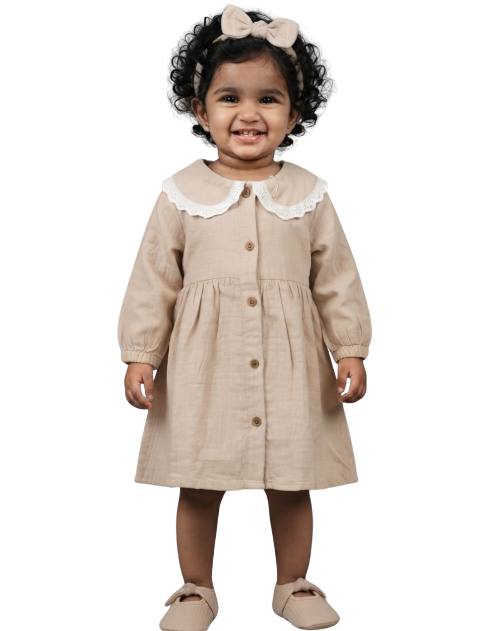 Muslin Girls Frock - Light Beige Lace Collar