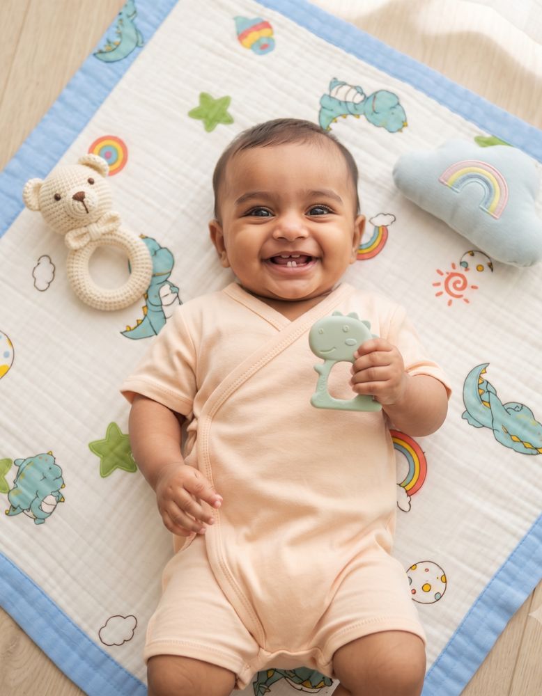 6 - Layer Muslin Baby Blanket - Playful Dino & Rainbow