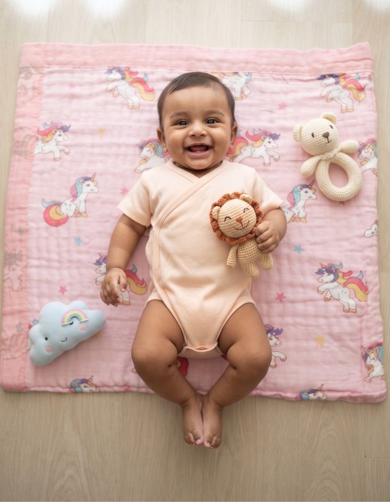6 - Layer Muslin Baby Blanket - Magical Unicorn & Rainbow