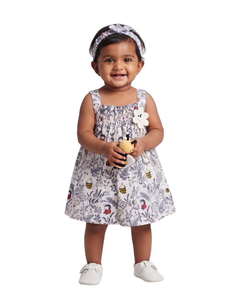 Honeybee & Ladybug Floral Baby Frock with Headband