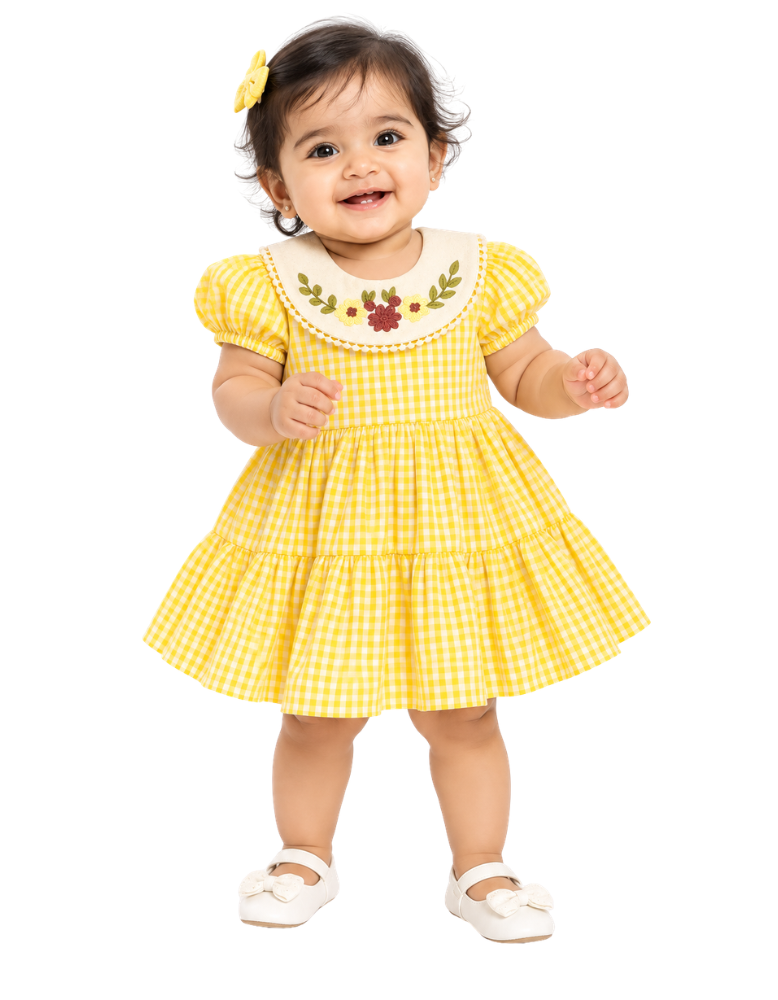 Yellow Peter Pan Collar Gingham Baby Frock